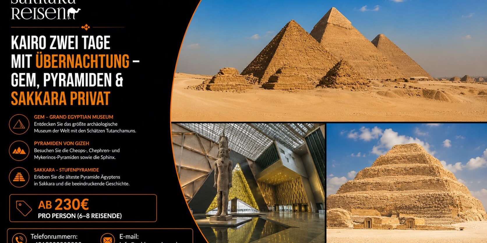 Kairo zwei Tage mit Übernachtung – GEM, Pyramiden & Sakkara privat